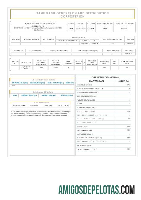 em branco ÍNDIA TAMILNADU Business Utility Bill Word e modelo PDF